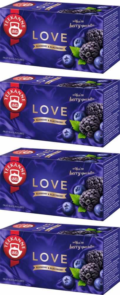4x Herbata owocowa w torebkach Teekanne Love Blueberry & Blackberry, borówka i jeżyna, 20 sztuk x 2.25g