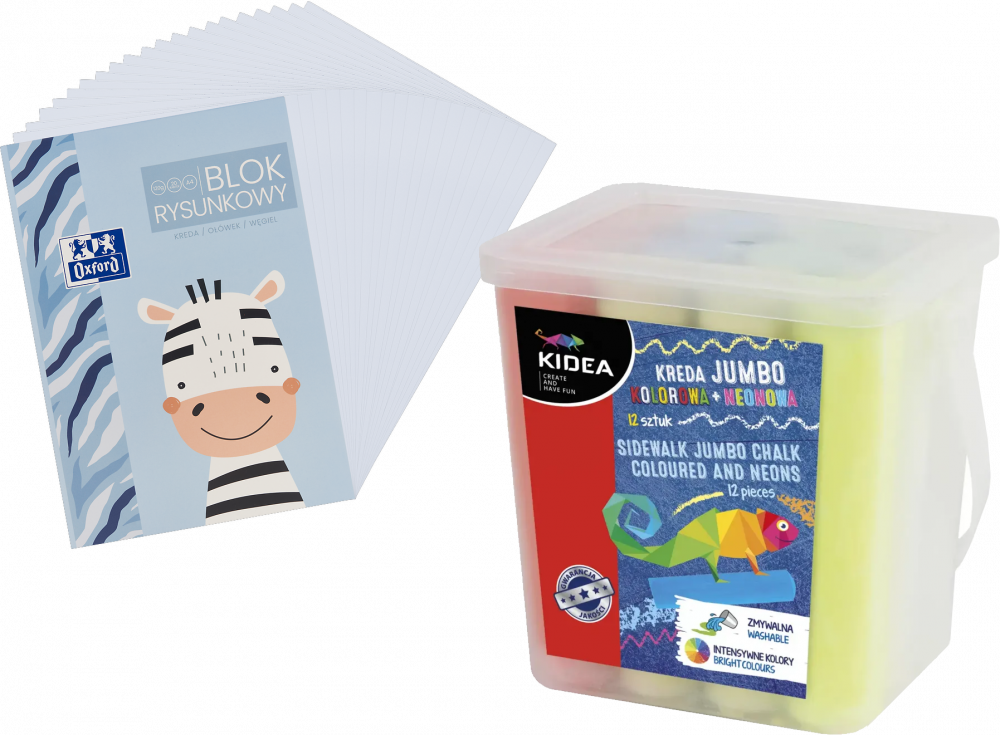 Zestaw: Kreda Kidea Jumbo, 12 sztuk + Blok rysunkowy Oxford Kids