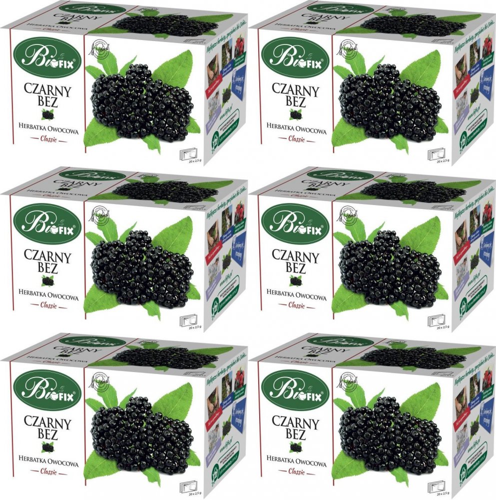 6x Herbata owocowa w torebkach BiFix Classic, czarny bez, 20 sztuk x 2.5g