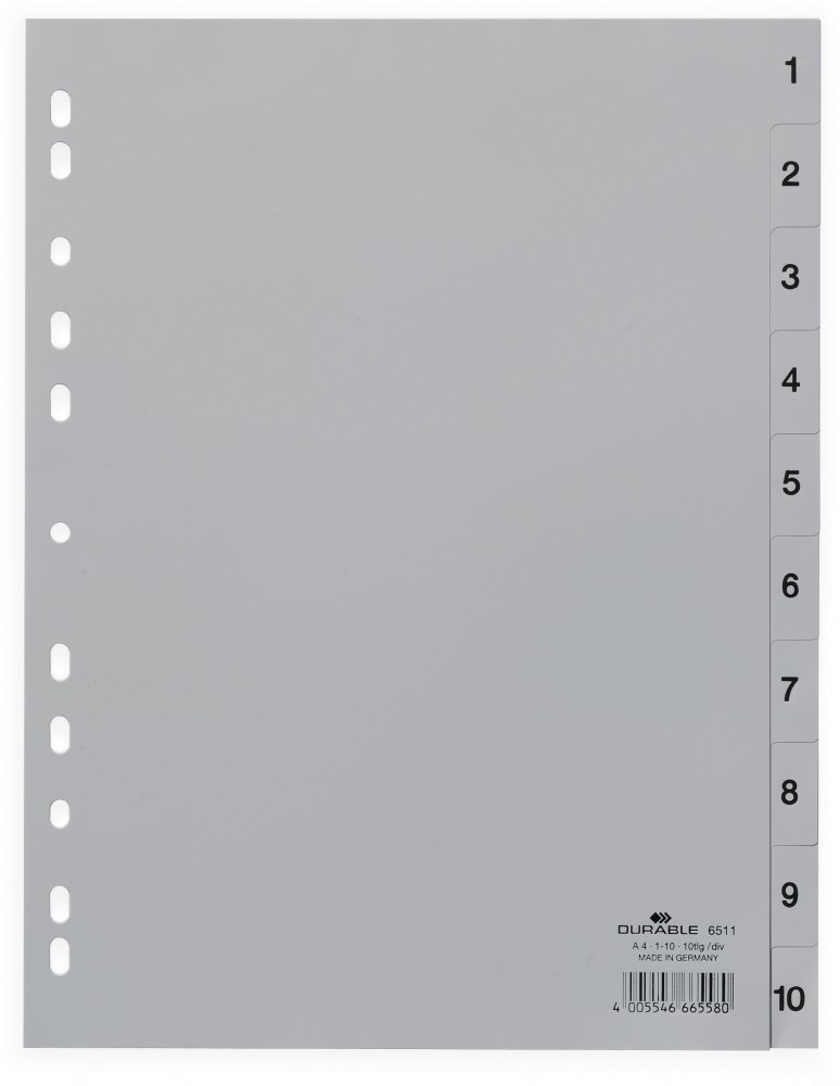 Przekładki do segregatora Durable, plastikowe, numeryczne, A4, 1-10 kart, szary