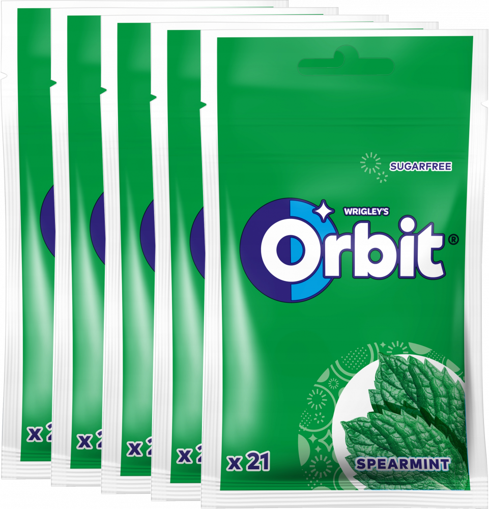 5x Guma do żucia bez cukru Orbit Spearmint, miętowy, torebka, 21 drażetek