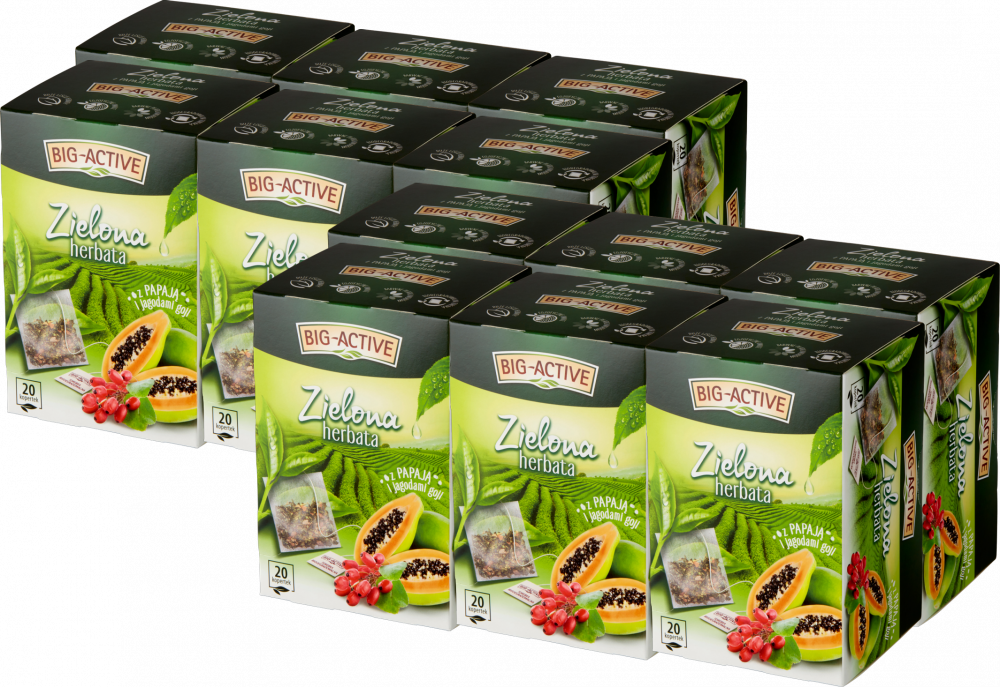 12x Herbata zielona smakowa w kopertach Big-Active, papaja i jagody goji, 20 sztuk x 1.7g