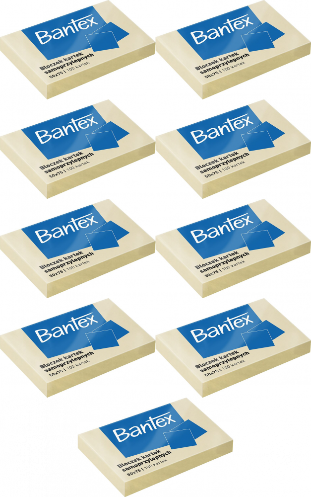 9x Karteczki samoprzylepne Bantex, 50x75mm, 100 karteczek, żółty
