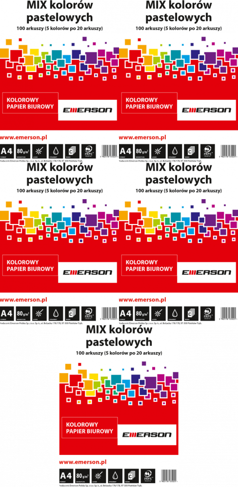 5x Papier kolorowy Emerson, A4, 80g/m2, 100 arkuszy, mix kolorów pastelowych 5x20 ark.