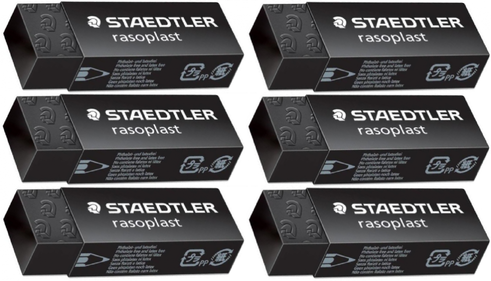 6x gumka do ścierania Staedtler, Rasoplast, 65x23x13mm, czarny