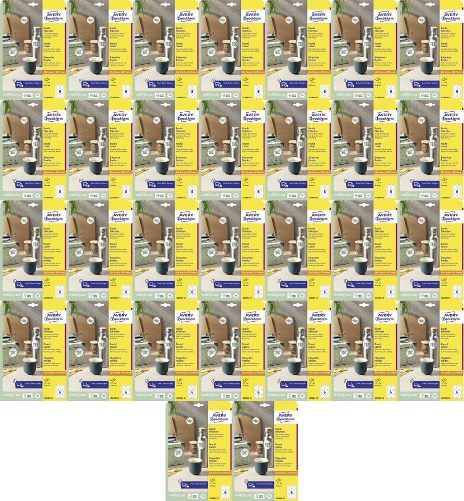 36x Etykiety samoprzylepne usuwalne Avery Zweckform, okrągłe, średnica 80mm, 10 arkuszy, 60 sztuk, biały