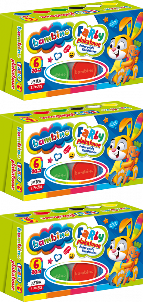 3x Farby plakatowe Bambino Zwierzaki Uczniaki, 20ml, 6 sztuk, mix kolorów