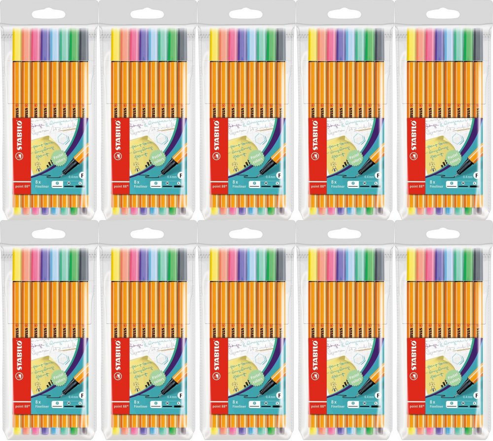 10x Cienkopis Stabilo, Point 88/8-01, 0,4mm, 8 sztuk w etui, mix kolorów pastelowych