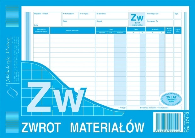 Druk akcydensowy Zwrot materiału MiP 374-3, A5, wielokopia, 80k