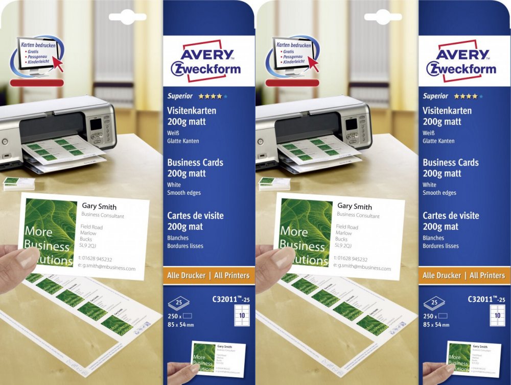 2x Wizytówki Avery Zweckform Quick&Clean, matowe, 85x54mm, 250 sztuk, biały