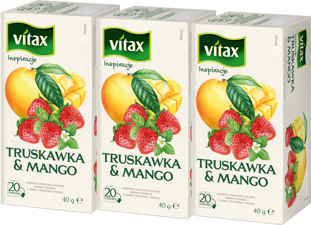 3x Herbata owocowa w torebkach Vitax Inspirations, truskawka i mango, 20 sztuk x 2g