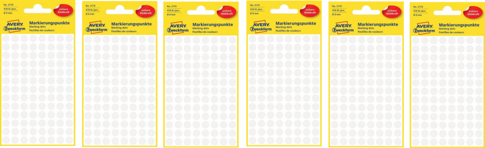 6x etykiety oznaczeniowe Avery Zweckform, okrągłe, średnica 8mm, 416 sztuk, biały