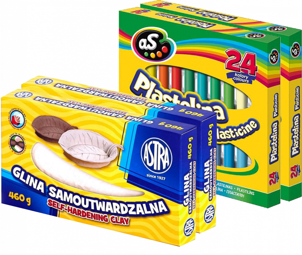 Zestaw: 2X Plastelina Astra AS, 24 kolory + 2x Glina samoutwardzalna Astra, 460g, biały