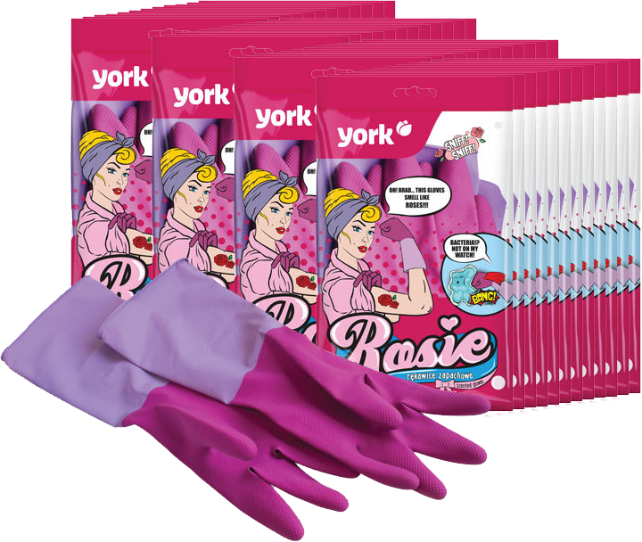 48x Rękawice lateksowe domowe, zapachowe York Rosie, z powłoką antybakteryjną, rozmiar L, 1 para, różowy