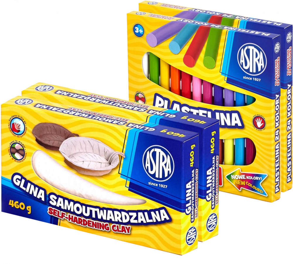Zestaw: 2x Plastelina Astra, 24 kolory + 2x Glina samoutwardzalna Astra, 460g, biały