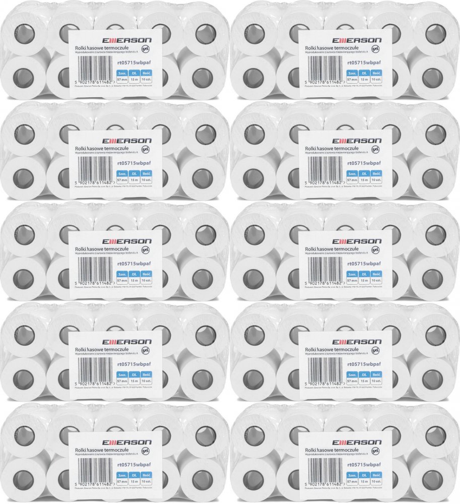 10x Rolka termiczna Emerson, 57mm x 15m, 50+/- 6g/m2, BPA Free, 10 sztuk, biały