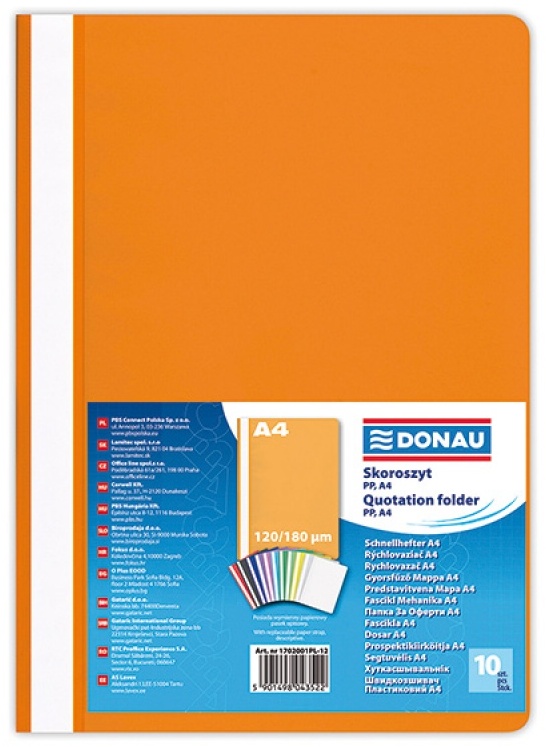 Skoroszyt plastikowy bez oczek Donau, A4, do 200 kartek, pomarańczowy