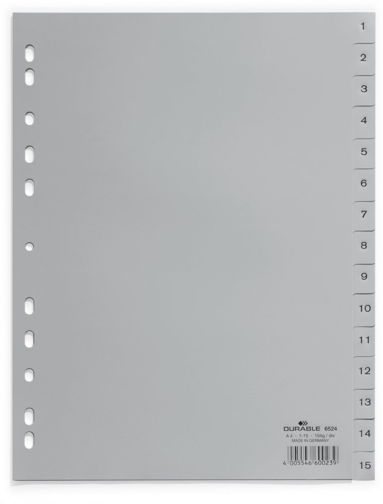Przekładki do segregatora Durable, plastikowe, numeryczne, A4, 1-15 kart, szary