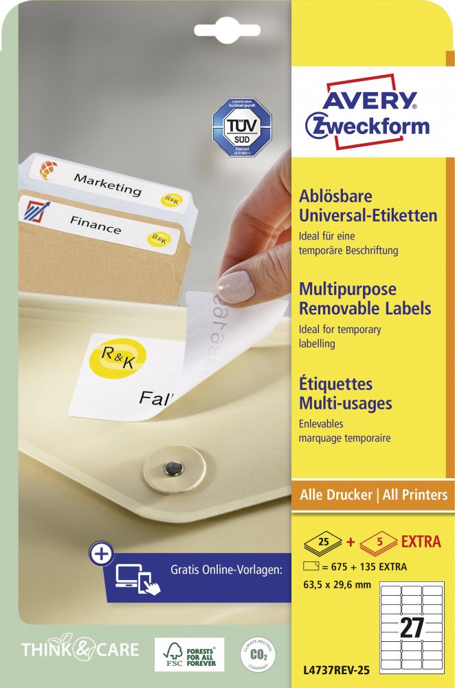Etykiety samoprzylepne usuwalne Avery Zweckform, 63.5x29.6mm, 25 arkuszy + 5 gratis, biały