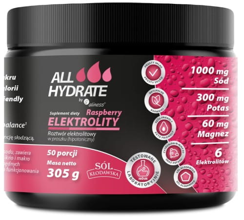 Elektrolity Raspberry 305g 50porcji ALLHydrate