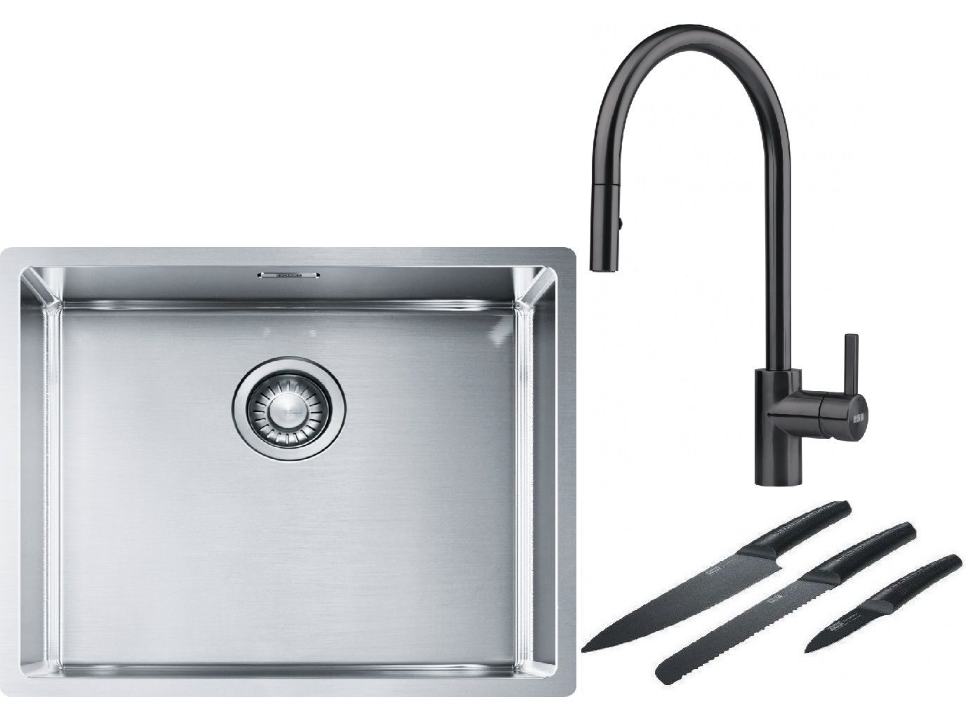 Franke Box BXX 110-50/BXX 210-50 zlewozmywak 54x45 cm stalowy z baterią kuchenną Eos czarna stal szlachetna i zestawem noży kuchennych ... - Wysyłka w