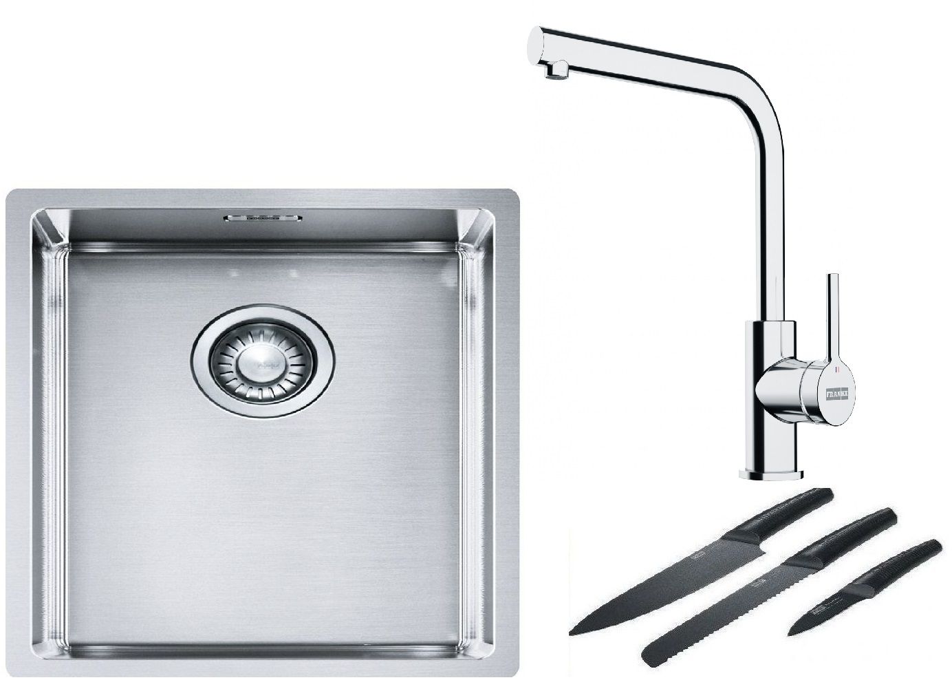 Franke Box BXX 210/110-34 zlewozmywak 38x45 cm stalowy z baterią kuchenną Lina chrom i zestawem noży kuchennych (1270453653, 1150693230, ...