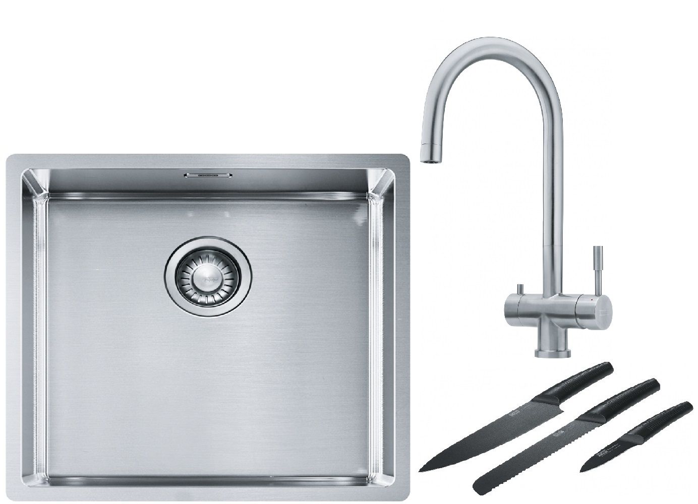 Franke Box BXX 210/110-45 zlewozmywak 49x45 cm stalowy z baterią kuchenną Eos stal szlachetna i zestawem noży kuchennych (1270453655, ...