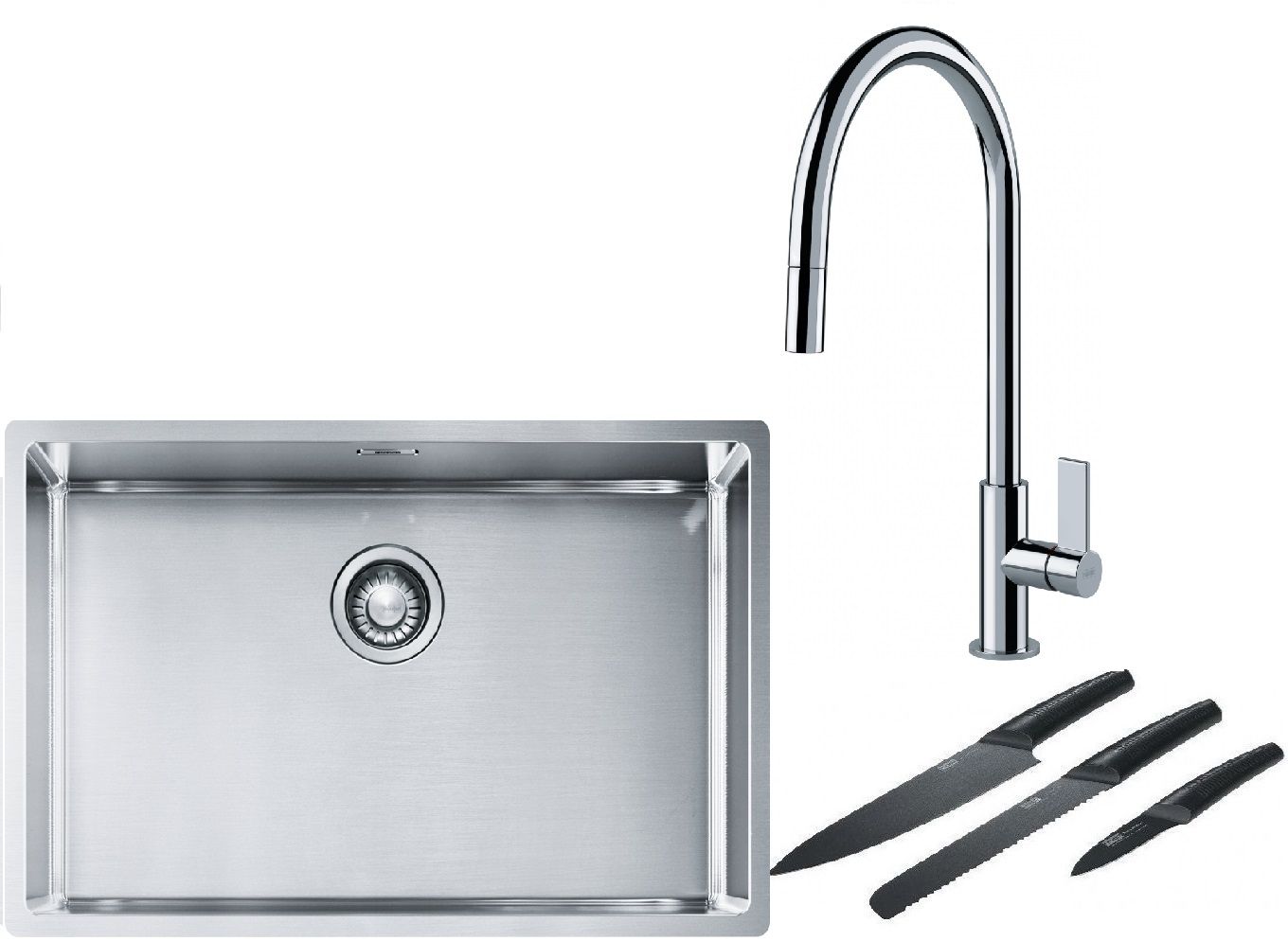 Franke Box BXX 210/110-68 zlewozmywak 72,5x45 cm stalowy z baterią kuchenną Ambient chrom i zestawem noży kuchennych (1270453658, ...