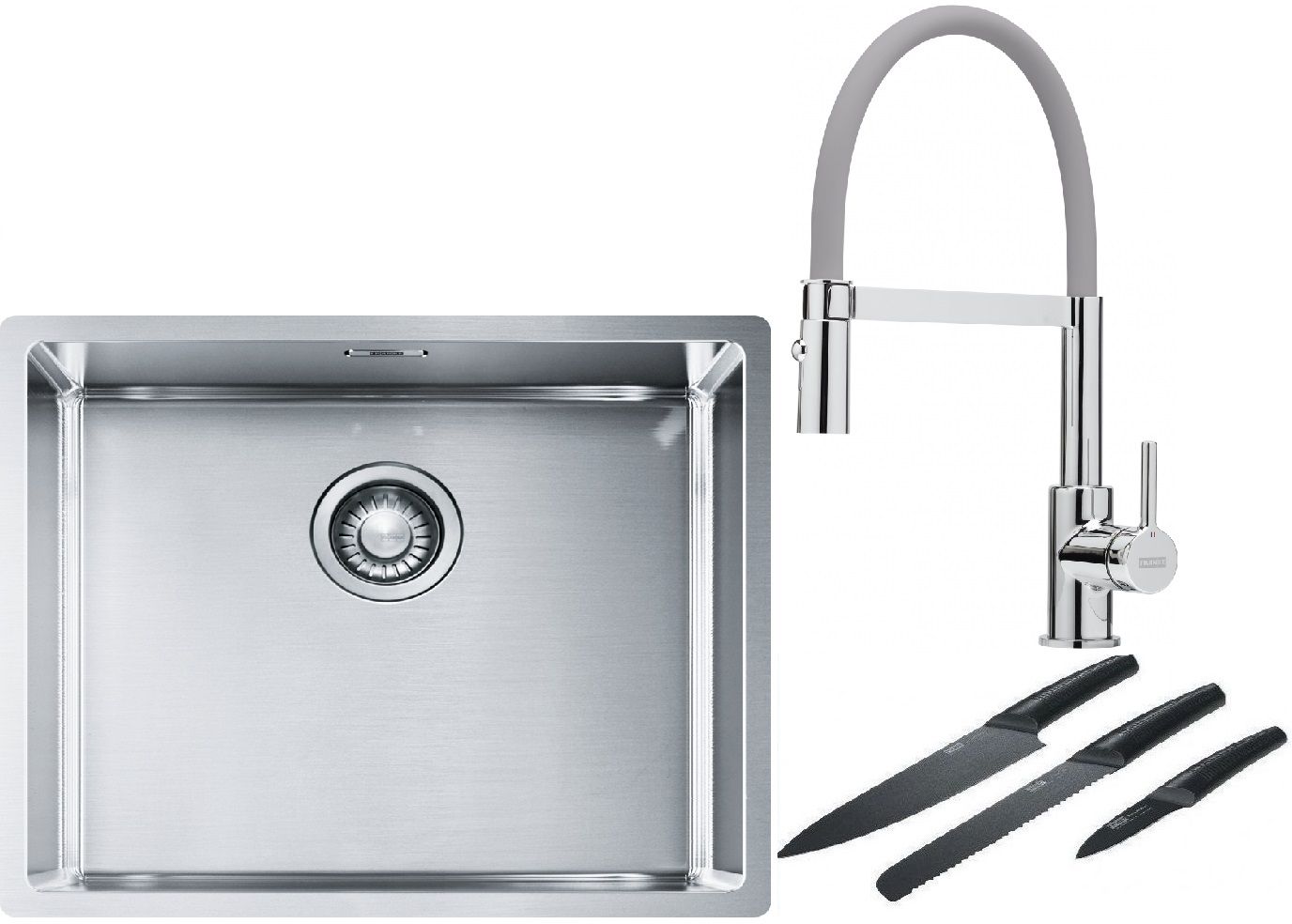 Franke Box BXX 110-50/BXX 210-50 zlewozmywak 54x45 cm stalowy z baterią kuchenną Lina chrom/szary i zestawem noży kuchennych ... - Wysyłka w 24h