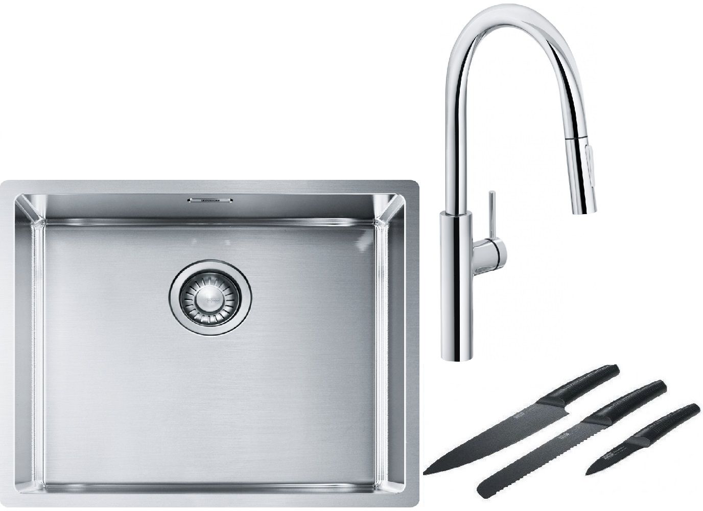 Franke Box BXX 110-50/BXX 210-50 zlewozmywak 54x45 cm stalowy z baterią kuchenną Pescara L Slide-In chrom i zestawem noży kuchennych ... - Wysyłka w 