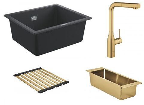 Zestaw Grohe K700 zlewozmywak granitowy czarny z baterią kuchenną Essence z ociekaczem i wkładką ociekową Brushed Cool Sunrise ...