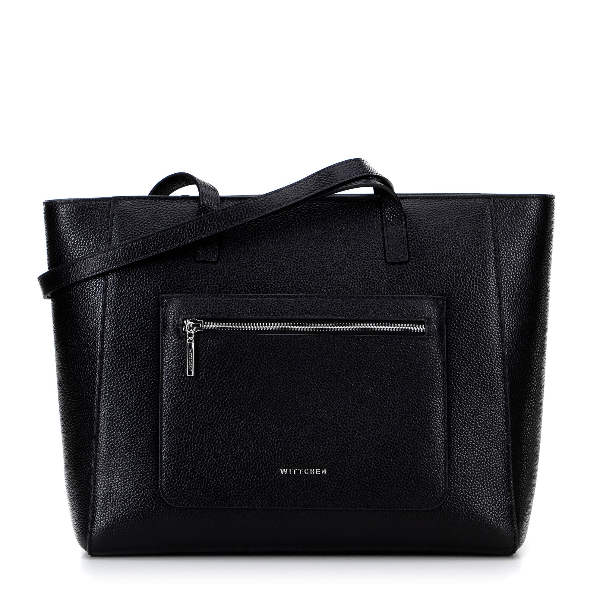 Skórzana torba shopper z kieszeniami na froncie czarna ze srebrnym logo
