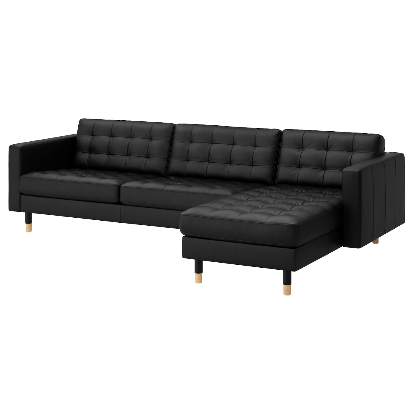 IKEA LANDSKRONA sofa 4-osobowa, z szezlongiem/Grann/Bomstad czarny/drewno, Głębokość szezlonga: 158 cm
