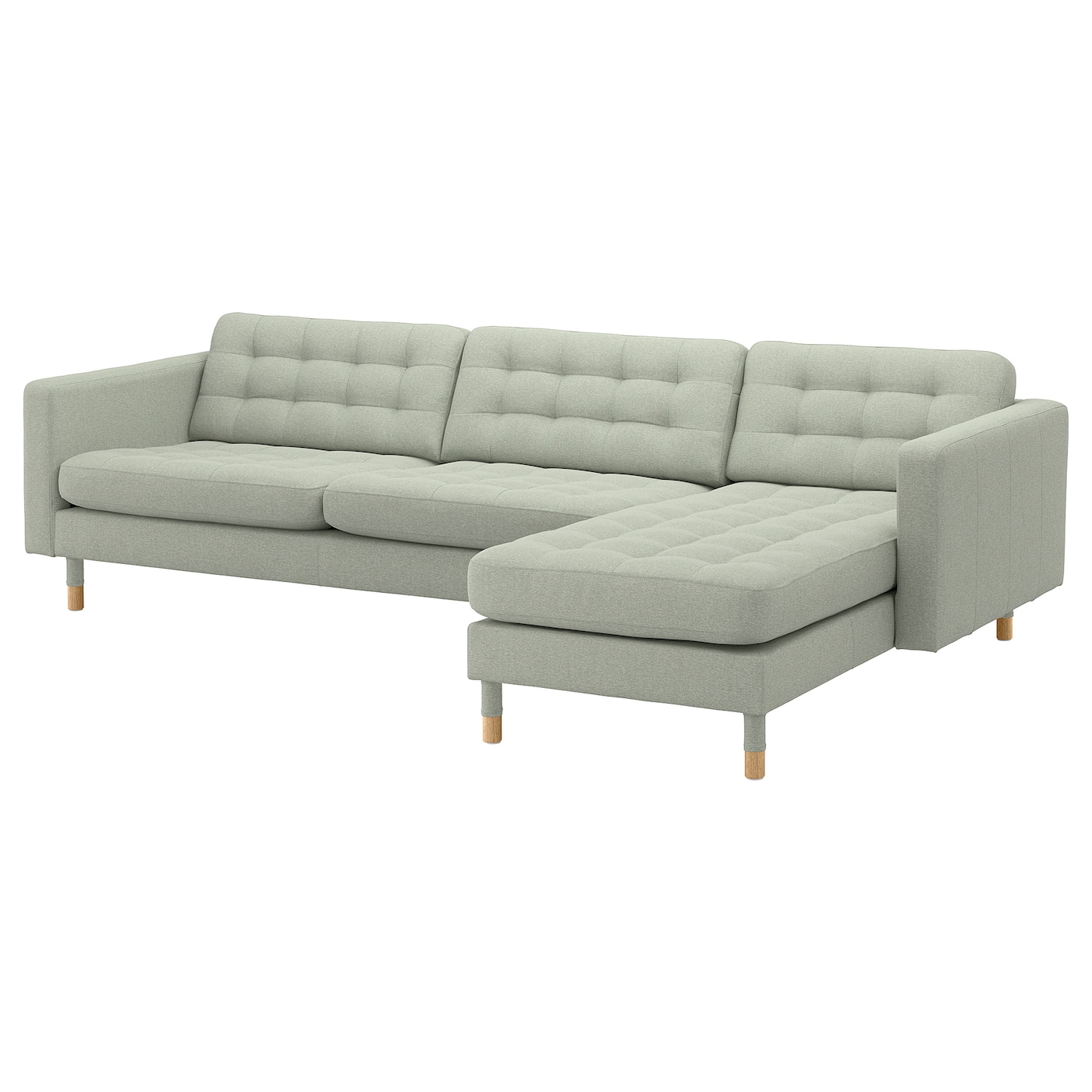 IKEA LANDSKRONA sofa 4-osobowa, z szezlongiem/Gunnared jasnozielony/drewno, Głębokość szezlonga: 158 cm