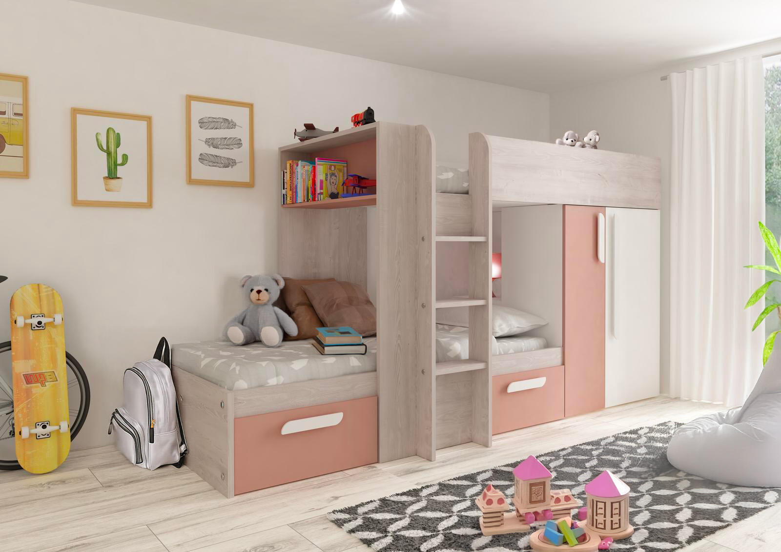 Łóżko piętrowe z miejscem 90x200 Bo1 - Antyczny róż, cascina