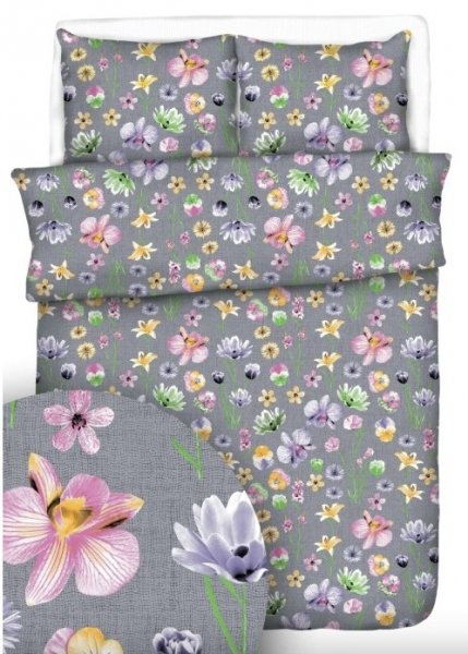 Pościel kora PREMIUM 140x200, 100% bawełna wz. Polne Kwiaty na Szarym
