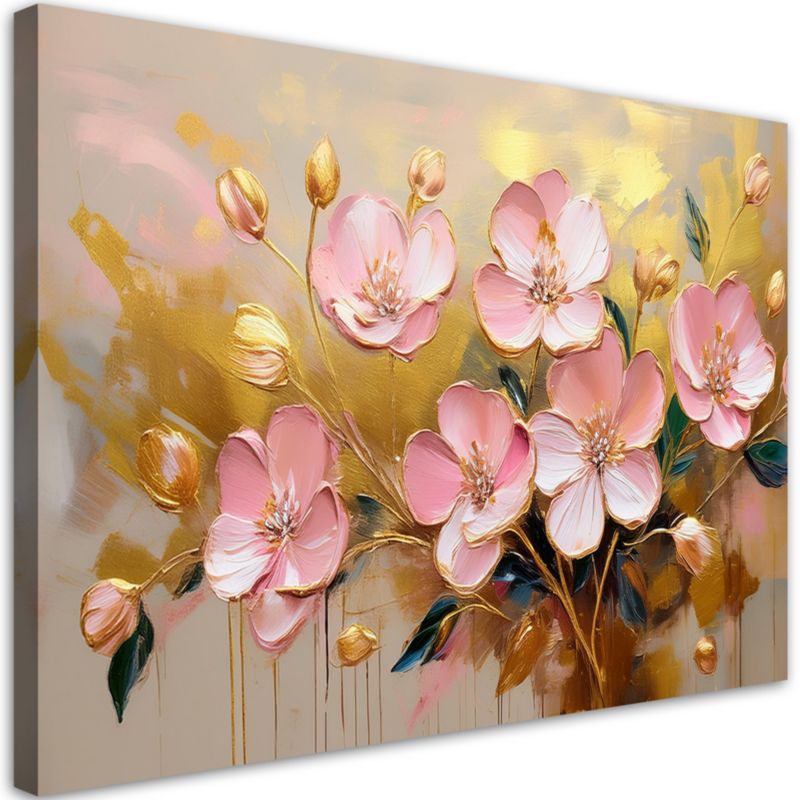 Obraz do salonu sypialni Feeby Kwiaty Różowe Glamour Złoty 120x80 cm 1 szt