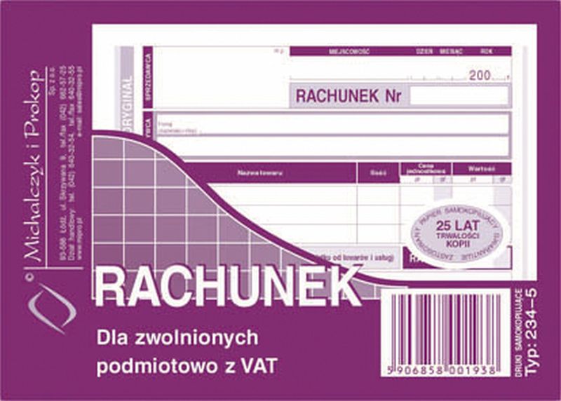 RACHUNEK A6 DLA ZWOL.PODM.Z VAT 234-5