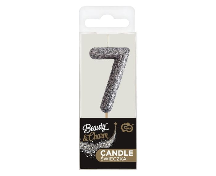Świeczka na tort piker B&C cyferka 7, brokatowa czarna, 11x3.5 cm