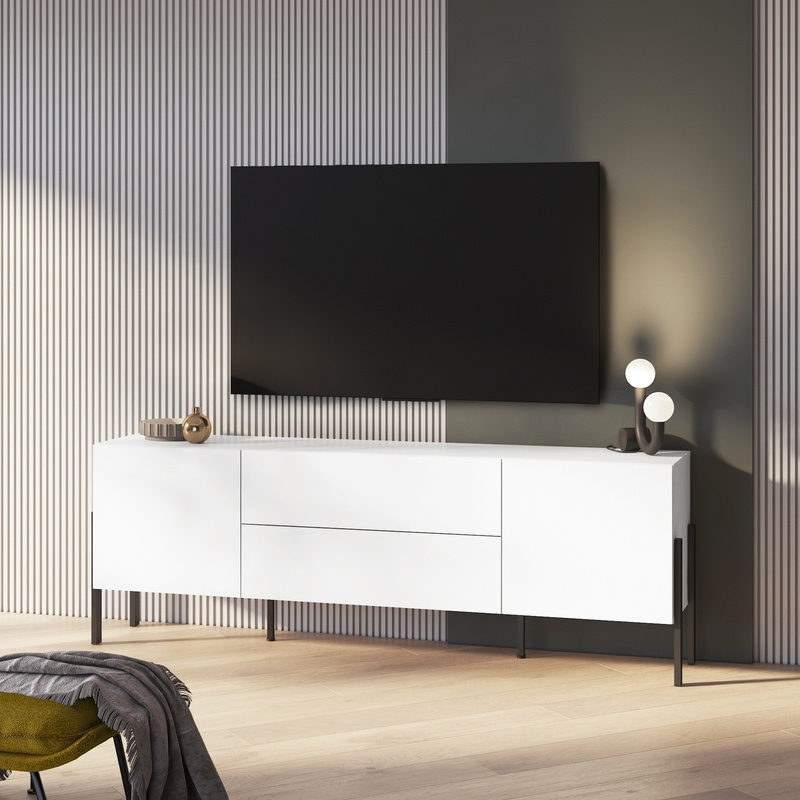 Szafka RTV biała 204 cm 2 szuflady 2 szafki pod telewizor do salonu JUKON