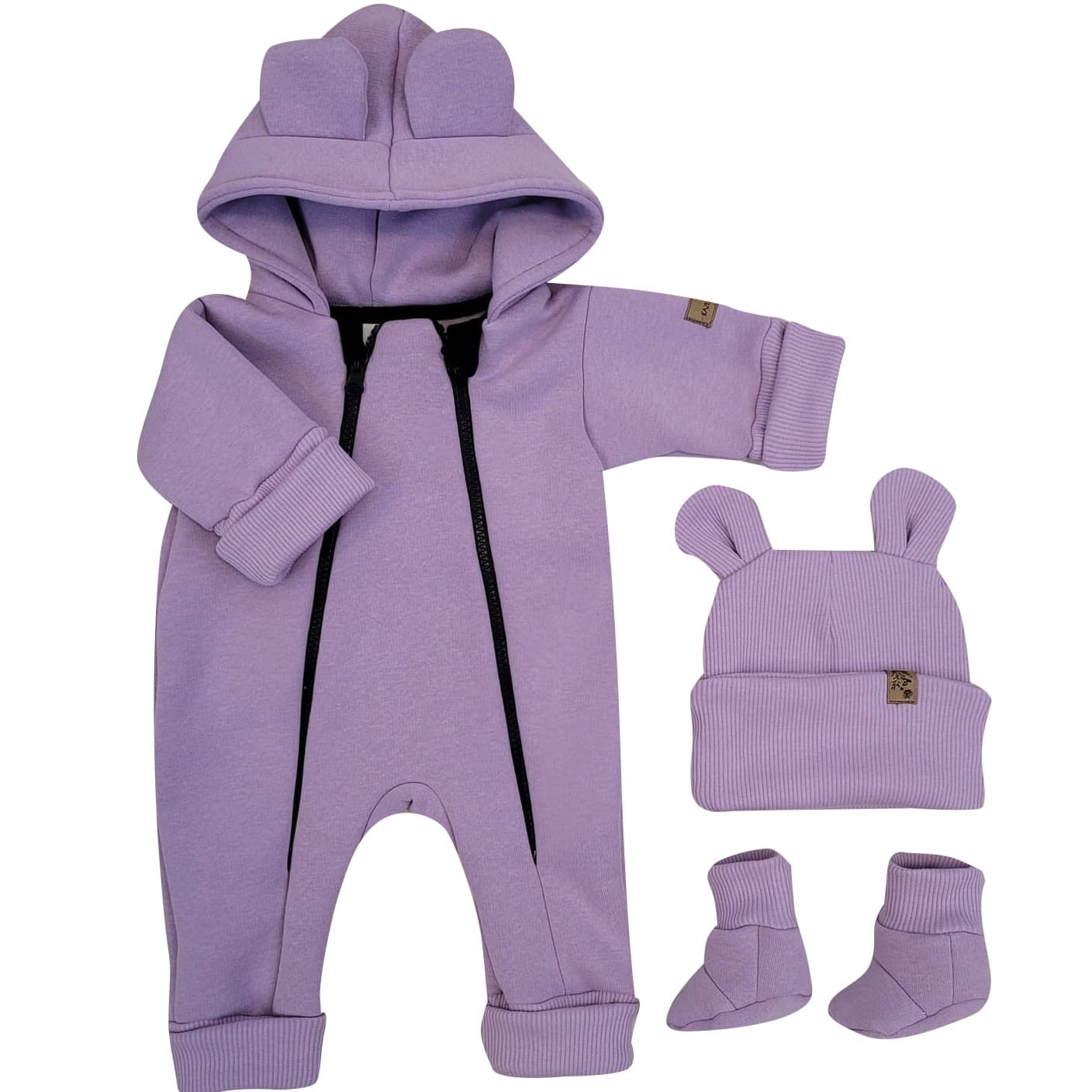 KAZUM KOMBINEZON Z OCIEPLANEJ DRESÓWKI BEZ STÓP + CZAPKA + BUCIKI Fiolet ZZ - 80