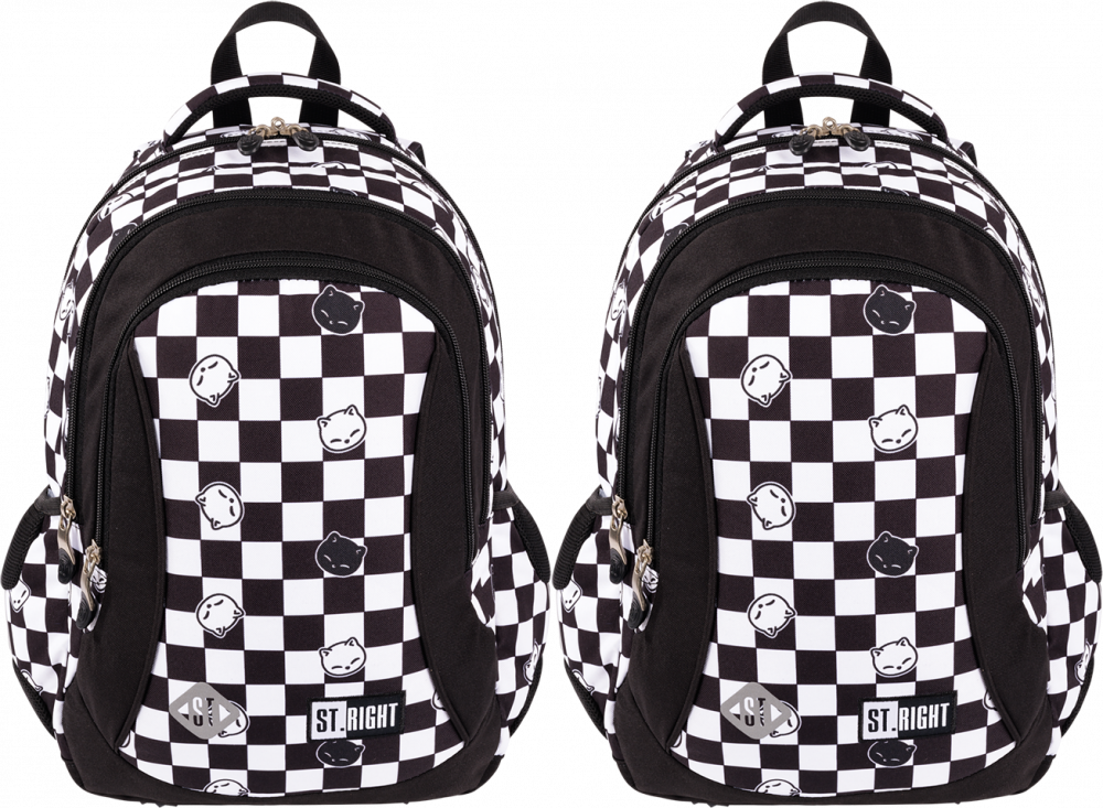 2x Plecak szkolny St.Right BP26 Chess Cats, trzykomorowy, 20l, 39x27x17cm, czarno-biały
