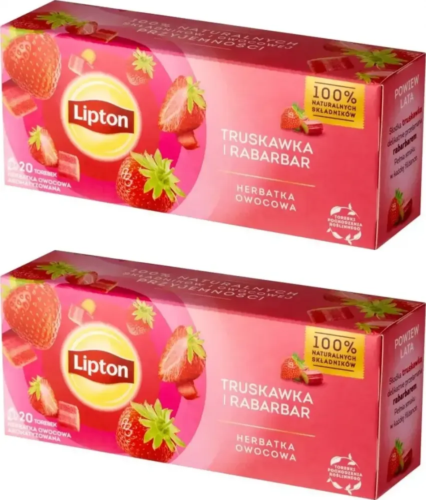2x Herbata owocowa w torebkach Lipton, truskawka i rabarbar, 20 sztuk x 1.6g