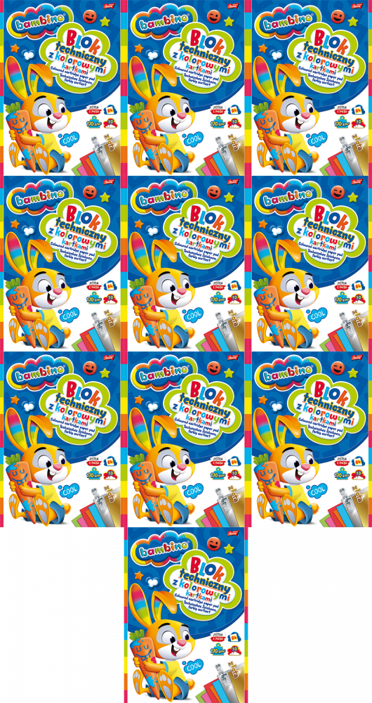 10x Blok techniczny Bambino Zwierzaki Uczniaki, A4, 10 kartek, kolorowy