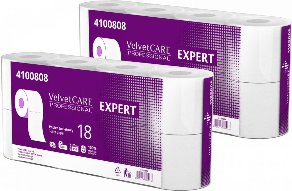2x Papier toaletowy VelvetCARE Professional, 3-warstwowy, 18m, 8 rolek, biały