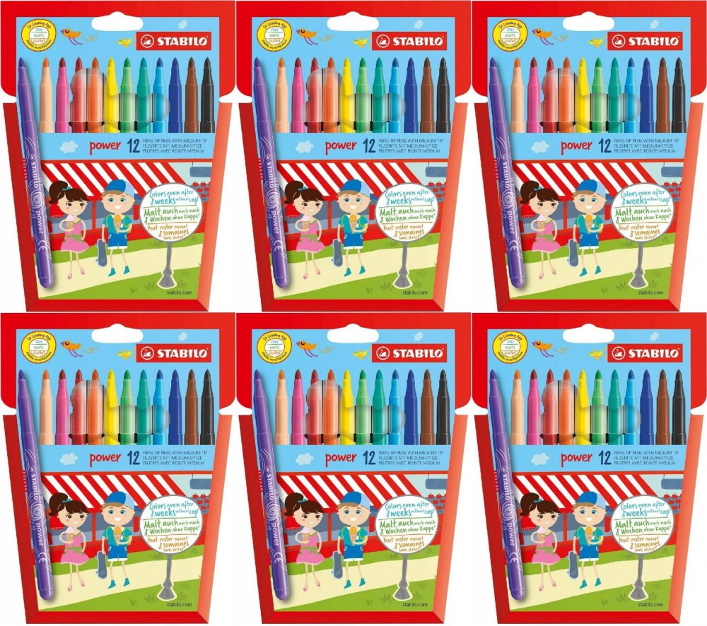6x Flamaster Stabilo Power, końcówka M, 12 sztuk, mix kolorów