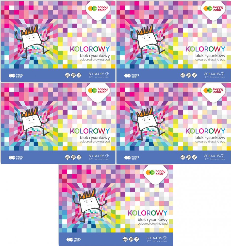 5x Blok rysunkowy kolorowy Happy Color, A4, 15 kartek, mix kolorów
