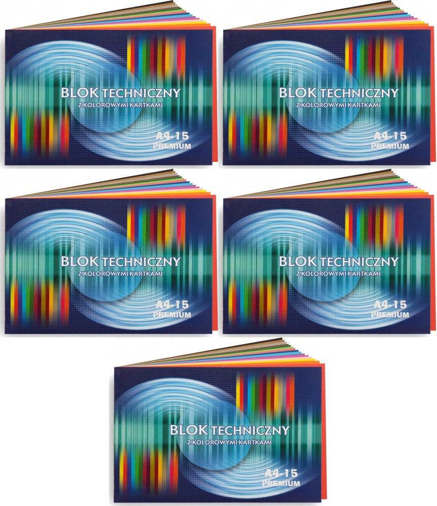 5x Blok techniczny kolorowy Kreska Premium, A4, 170g/m2, 15 kartek, kolorowy