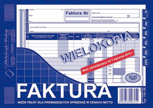 Druk akcydensowy Faktura VAT netto pełna MiP 100-3E, A5, wielokopia, 80k