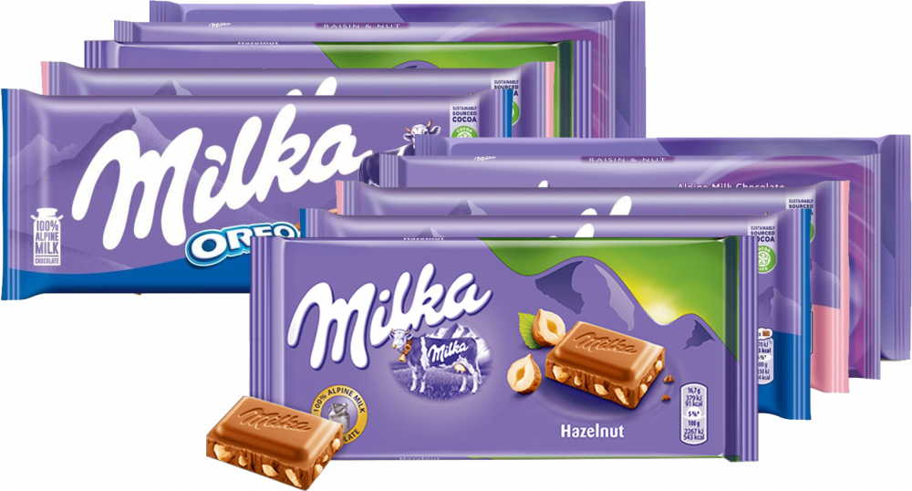 Zestaw 10x Czekolad Milka: 2x Strawberry, 2x Łaciata, 2x Raisin&Nut, 2x Oreo,2x orzechowa